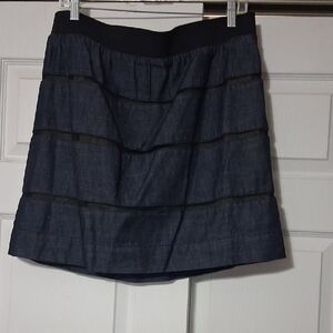Elegant Dark Blue Denim and Black Mesh Women's Skirt Lined.